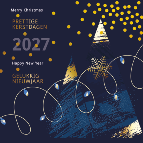 Luxe kerstkaart 2027 kunstzinnig en abstracte kerstsfeer in blauw en goud