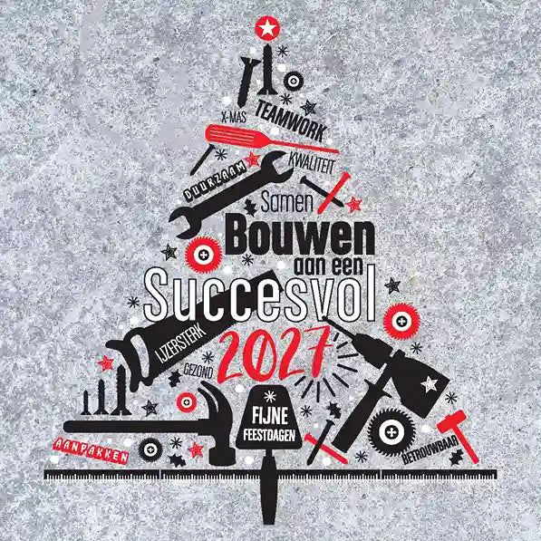 Kerstkaart 2027 Bouwbedrijf, gereedschap kerstboom, getekend