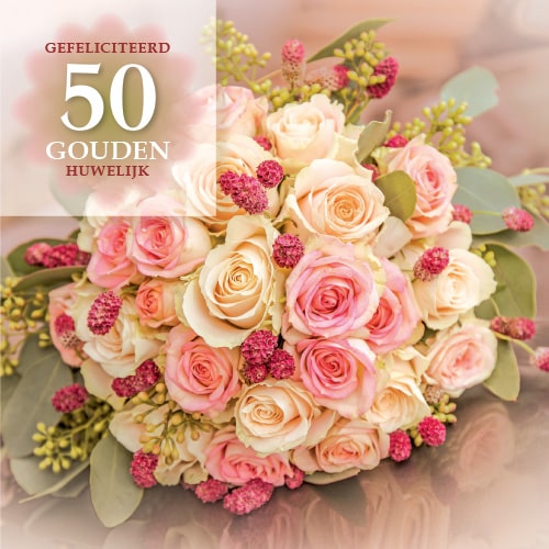 Jubileumkaart 50 jaar getrouwd rozen in pastel