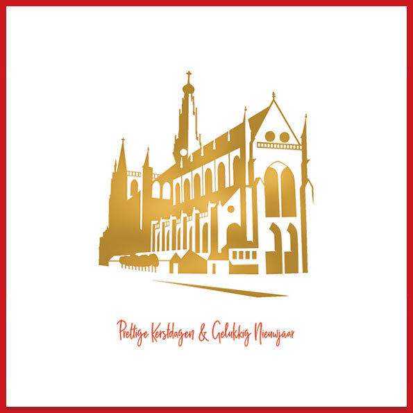 Haarlemse kerstkaart met Grote of St. Bavokerk in goud.