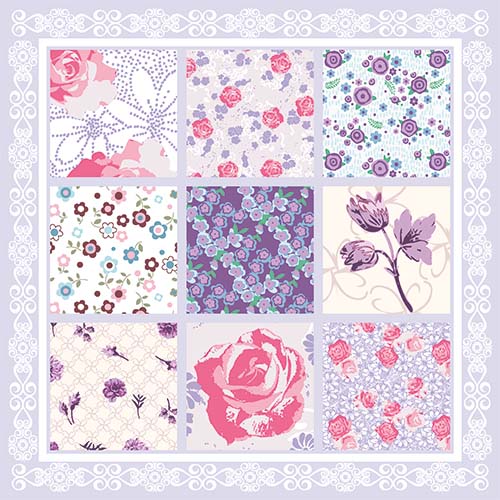 Bloemenkaart met patchwork bloemetjes lila en roze