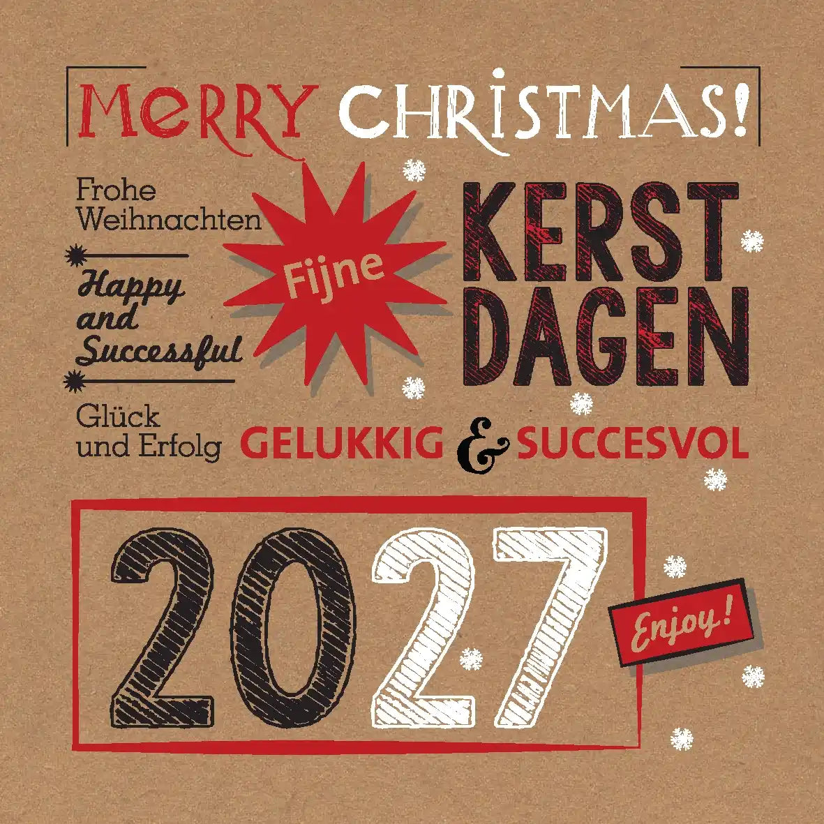 kerstkaart 2027, internationale kerstwensen ster en sneeuw vlokjes kraft