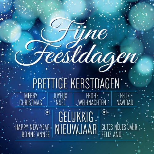 Kerstkaart schitterende lichtjes in blauw, meerdere talen
