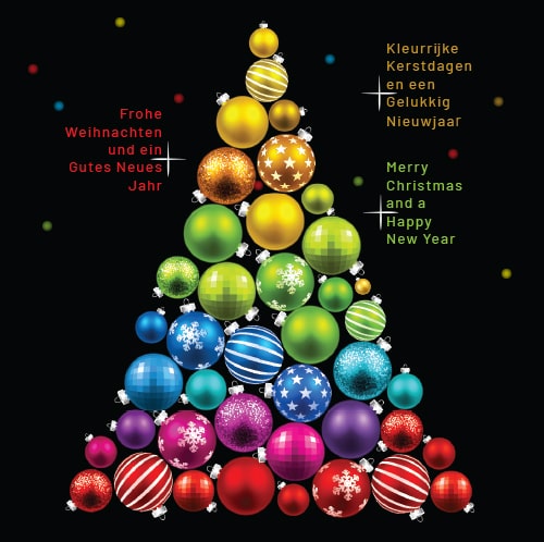 Kerstkaart kerstballen kerstboom, wens in Engels, Duits en Nederlands