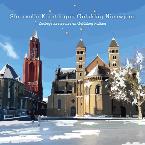 Kerstkaart Maastricht Vrijthof met sneeuw, getekend