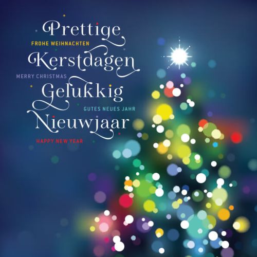 kerstkaart spieren voor spieren, kleurrijke kerstboom met lichtjes