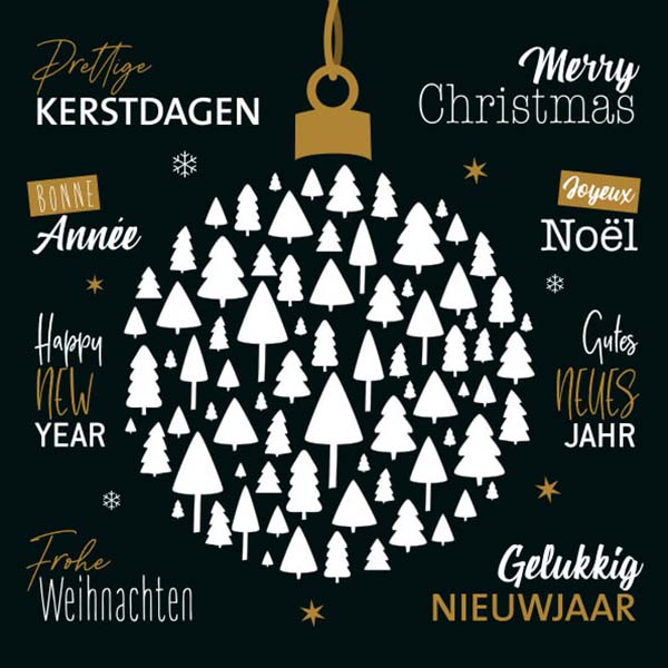 kerstkaart kerstballe van witte kerstbomen, wensen in meerdere talen