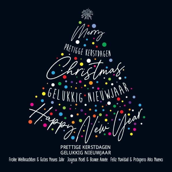 Kerstkaart kerstboom en fel gekleurde balletjes, internationale kerstwensen