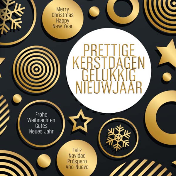 Kerstkaart met kerstballen, sterren en sneeuwvlokjes in goud en zwart