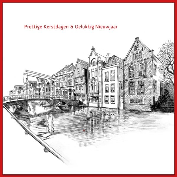Kerstkaart Alkmaar, tekening zicht op Appelsteegbrug