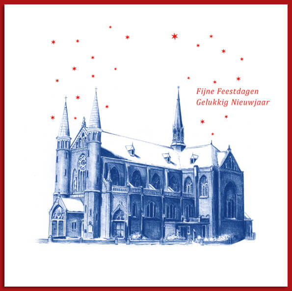 Alkmaarse kerstkaart met tekening Josephkerk in blauw