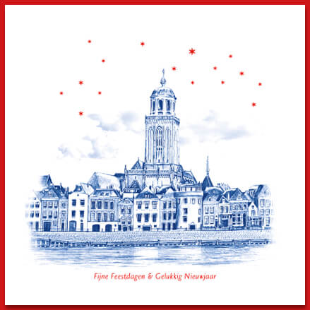 Kerstkaart van Deventer, met pentekening van skyline.