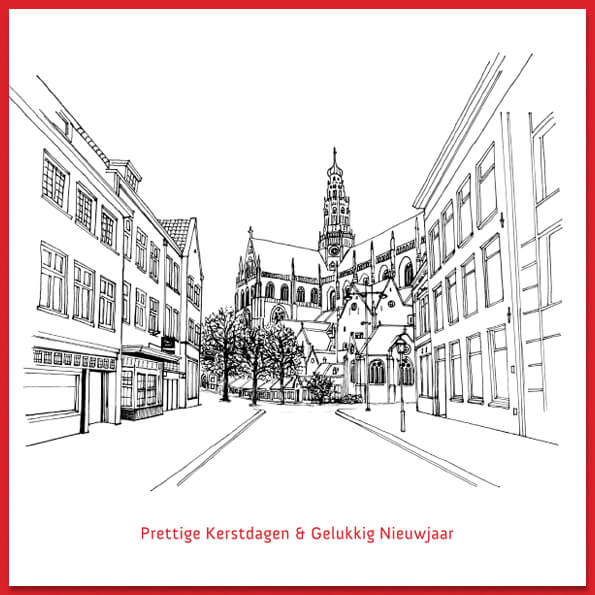Kerstkaart Haarlem getekend in zwart/wit met roodfolie