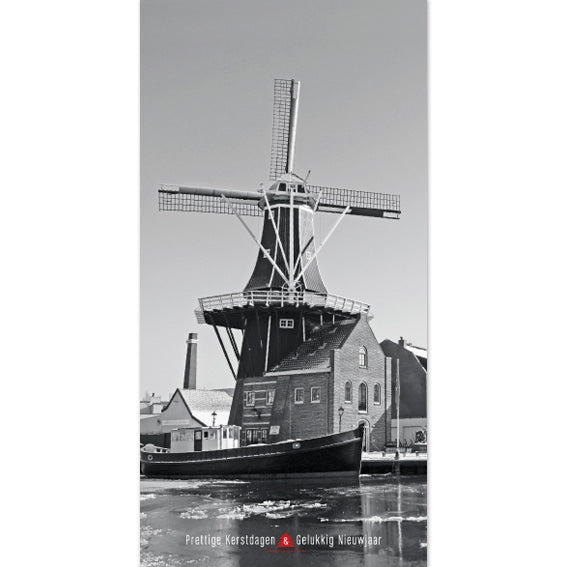 Haarlemse kerstkaart met zwart/wit foto van Molen de Adriaan.