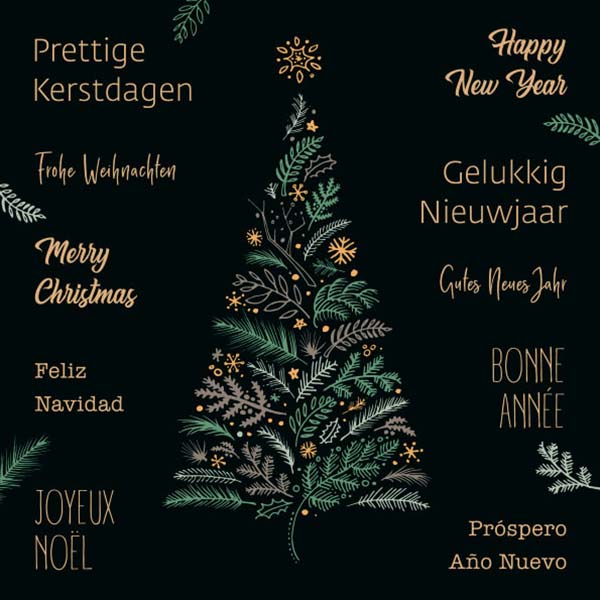Kerstkaart getekende kerstboom in meerdere talen