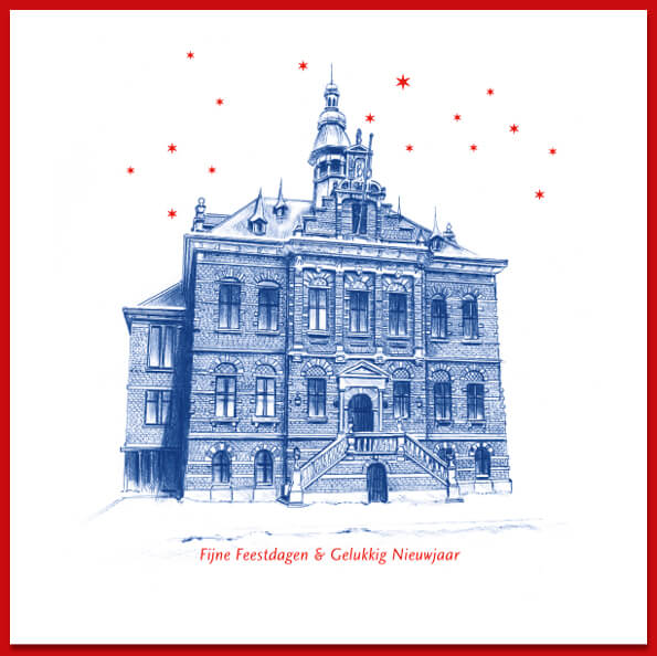 kerstkaart Kerkrade met tekening van Stadhuis in blauw