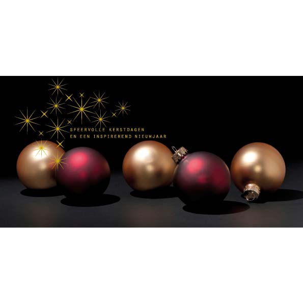 Kerstkaart gouden en rode kerstballen