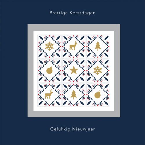 Kerstkaart met kleine kerst illustraties in goud