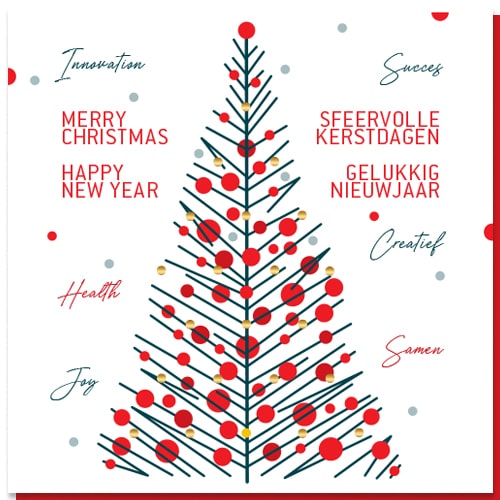 Luxe kerstkaart speelse kerstboom in rood, goud op wit