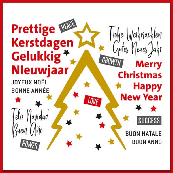 Luxe kerstkaart met kerstwens in nederlands, engels, duits, frans en spaans.