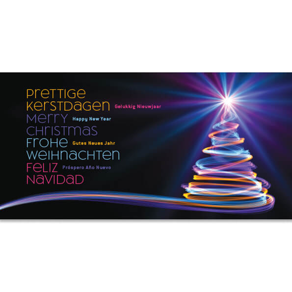 kerstkaart internationaal (nl, eng, d, es) kerstboom
