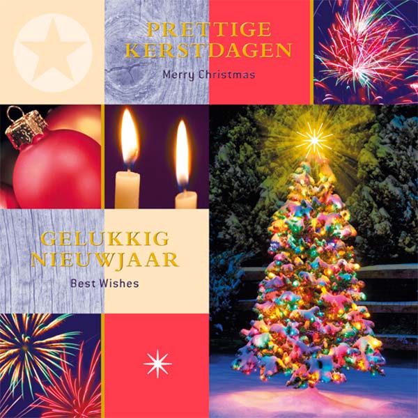 Kleurrijke warme kerstkaart met kerstwens in goudfolie