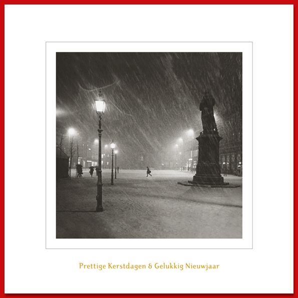Haarlemse kerstkaart met oude foto van de Grote Markt in de winter