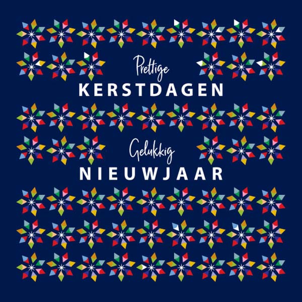 Kerstkaart Rode Kruis Nederland met sterren op donkerblauw.