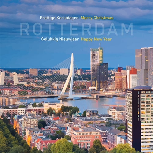 Kerstkaart Rotterdam silhouet van de stad, kleurrijk getekend