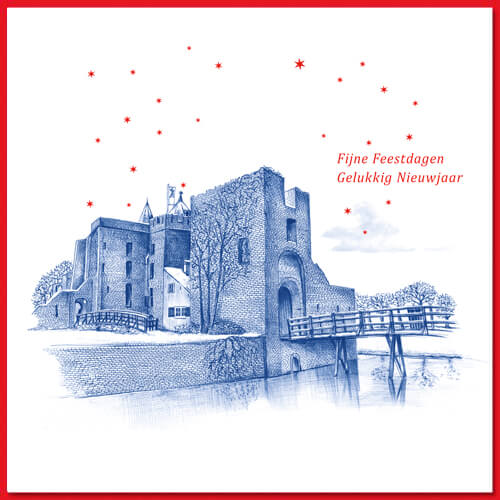 Kerstkaart Santpoort met blauwe pentekening van Ruïne van Brederode