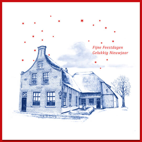 Kerstkaart Schagen met pentekening van Boerderijmuseum