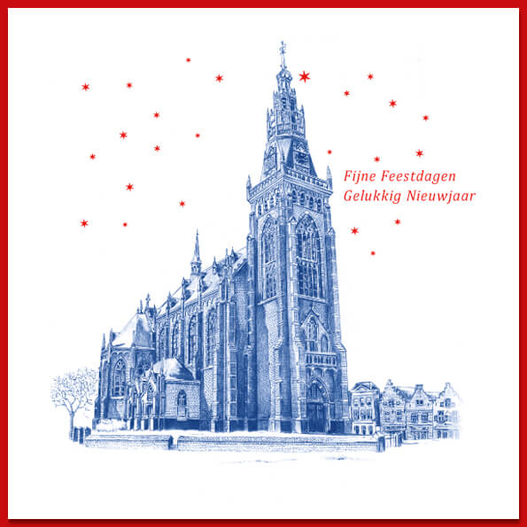 Kerstkaart van Schagen, illustratie van kerk op de Markt.