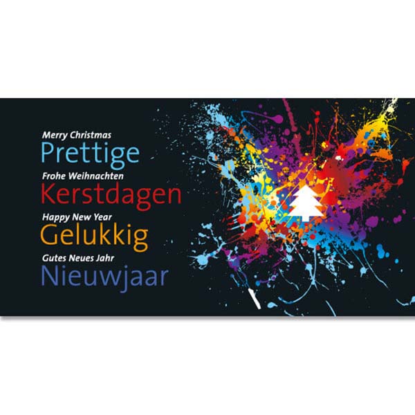 Liggende kerstkaart voor schildersbedrijf, in Engels, Duits en Nederlands