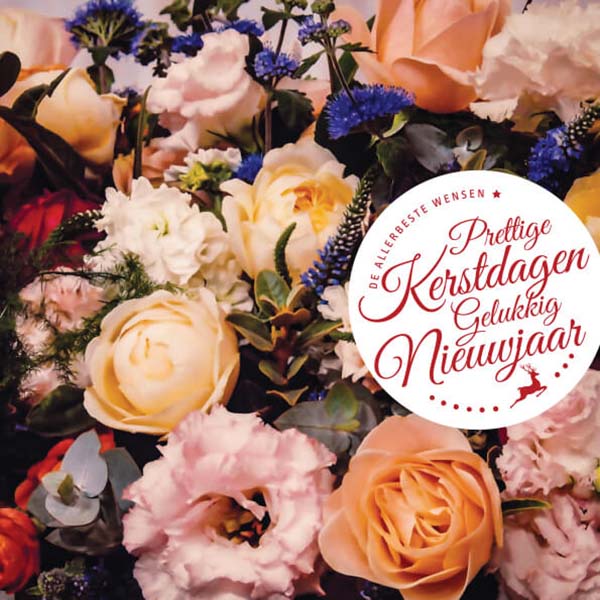 kerstkaart met sfeervol boeket bloemen en kerstwens, bloemisten en kwekers