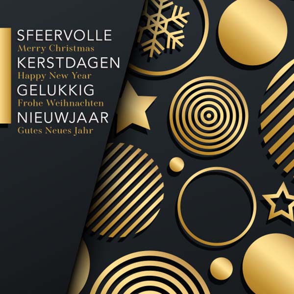Kerstkaart stijlvol in donkergrijs en goud, meerdere talen