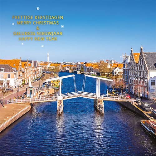 Kerstkaarten Haarlem Spaarne met zonnig winterweer