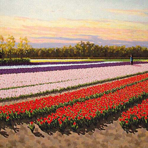 Kaart Bollenveld met Tulpen in de ochtend, kunst Leo van den Ende