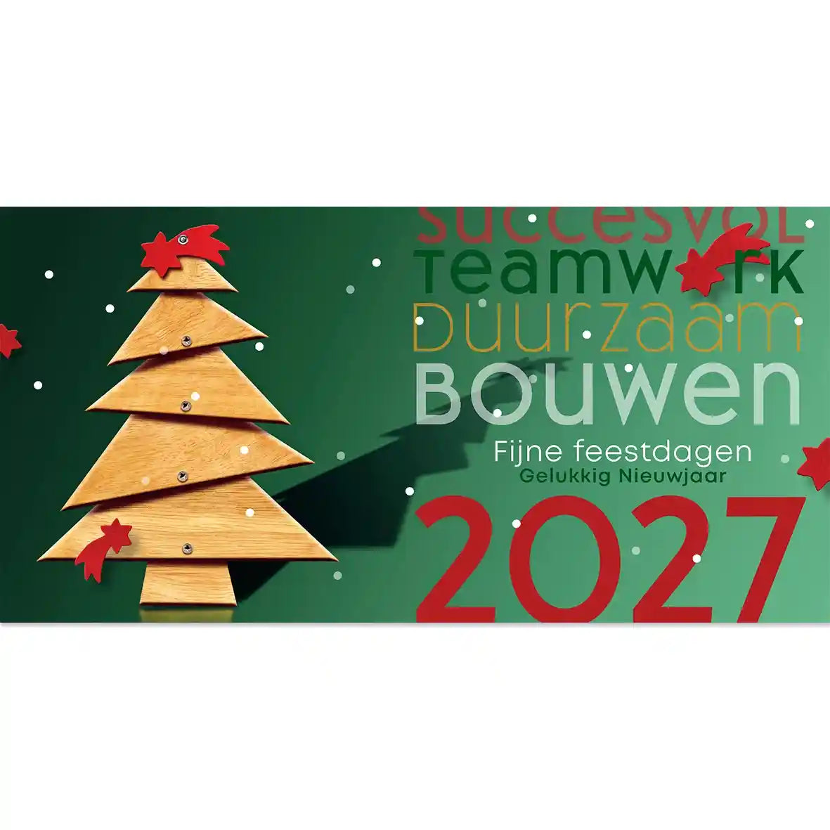 Nieuwjaarskaarten 2027 bouwbedrijf aannemer. van hout getimmerde kerstboom