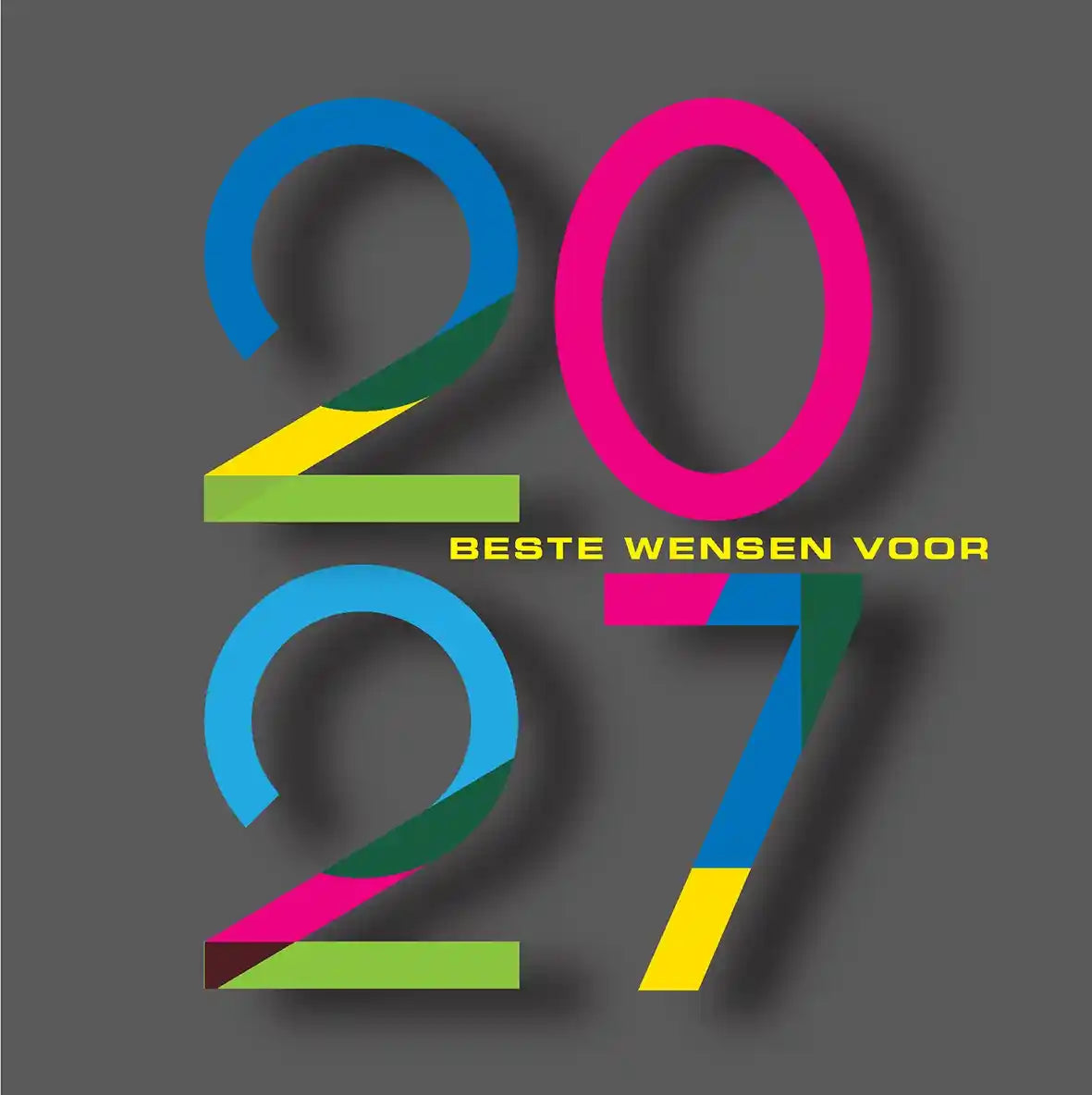 Nieuwjaarskaart 2027 met jaartal in vrolijke kleuren op donkere achtergrond