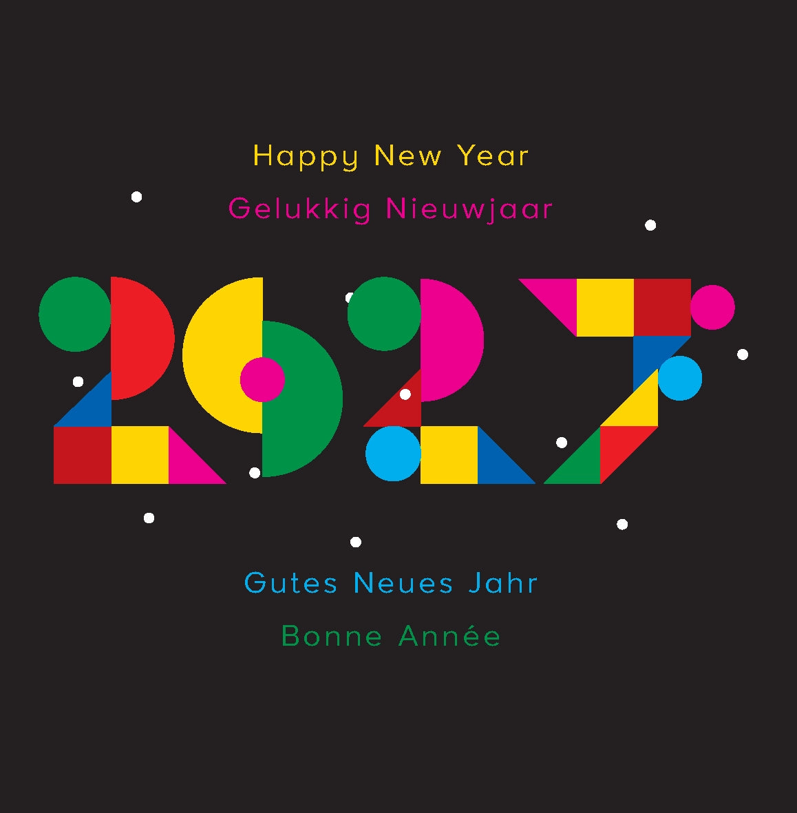 Nieuwjaarskaart 2027 groot jaartal rood zwart goud