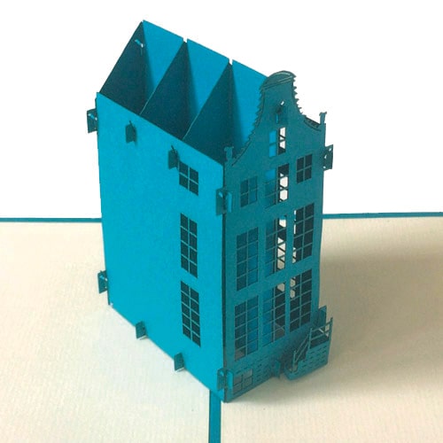 Close-up van 3D POP UP wenskaart grachtenpand