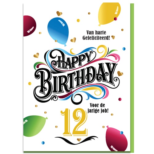 Verjaardagskaartje 12 jaar Happy birthday en ballonnen