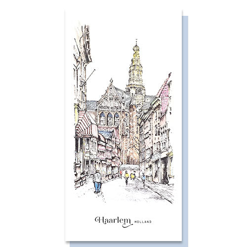 Wenskaart Haarlem, zicht op Bavokerk vanuit Smedestraat