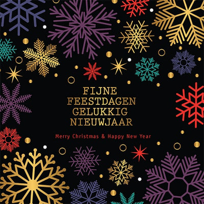 Luxe kerstkaart schitterende sterren en sneeuwvlokken op zwart, met goud foliedruk