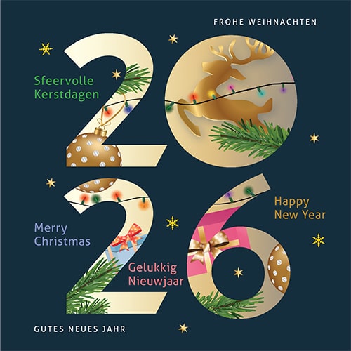 Kerstkaart 2026 kerst met rendier, kerstbal, kerstlichtjes en kadootjes