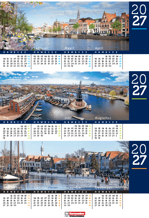 Bureaukalender 2027 haarlem total jaaroverzicht met 3 mooie foto's van de stad.