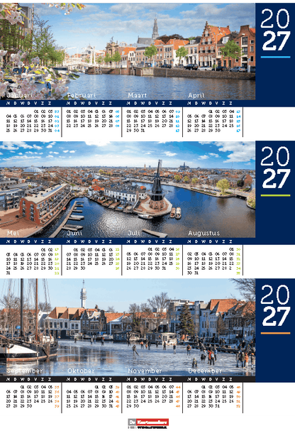 Bureaukalender 2027 haarlem total jaaroverzicht met 3 mooie foto's van de stad.