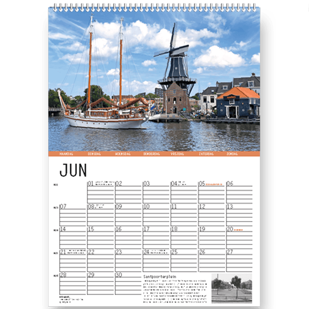 Kalender Haarlem 2027, Maand juni met foto Molen de Adriaan en tweemaster op Spaarne