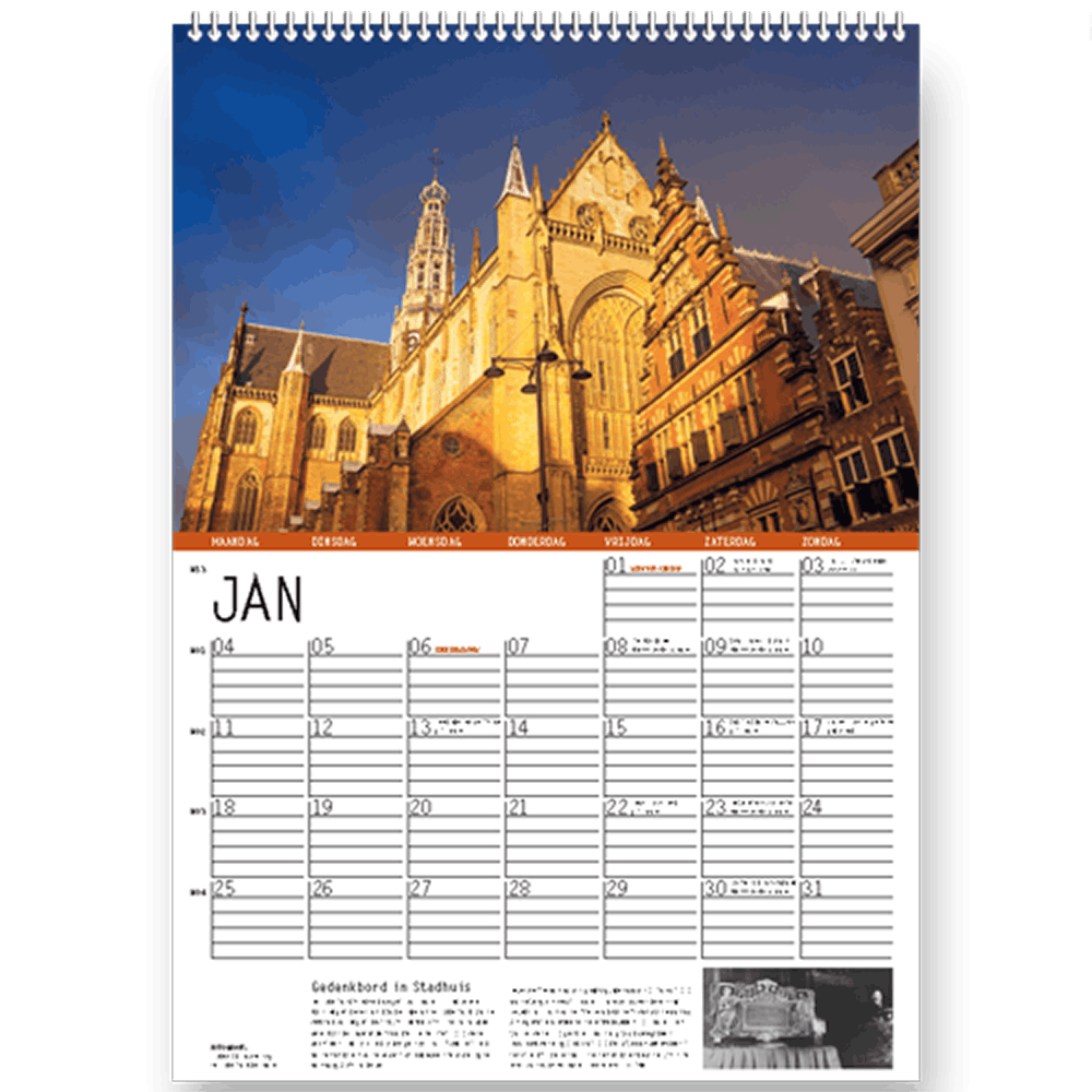 Jaarkalender Haarlem 2027, maanblad van januari met foto Bavokerk