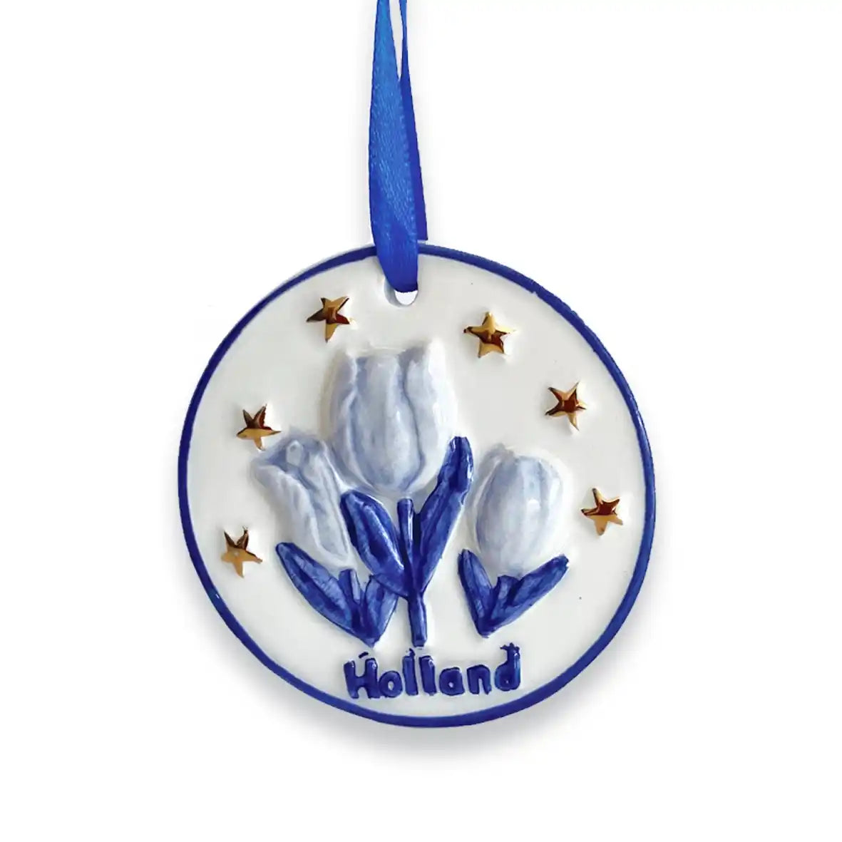 Kerst ornament Delfts blauw tulpjes met sterren van goud